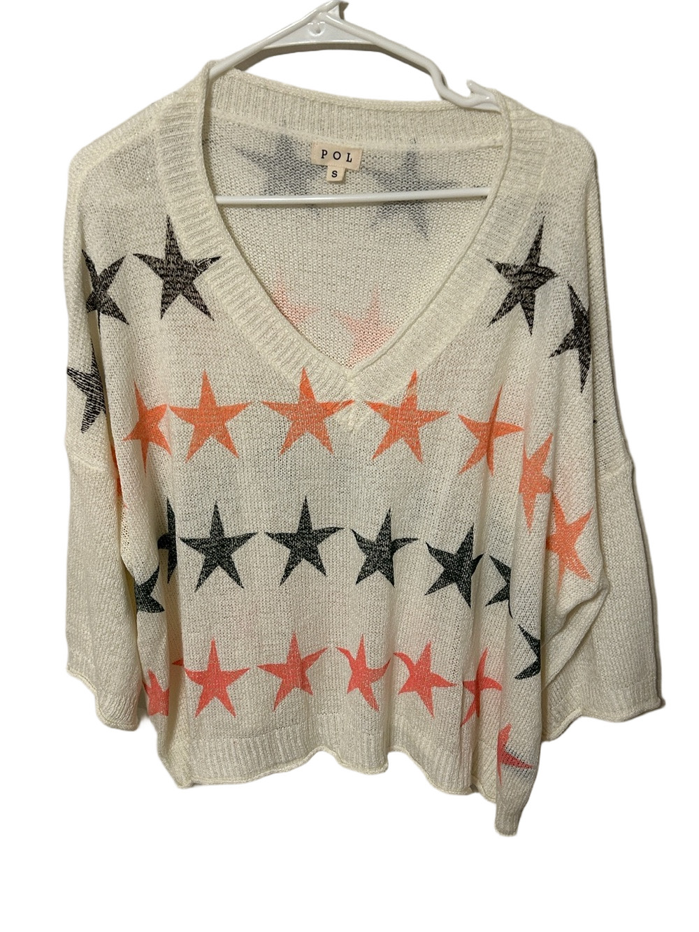 🎒POL V-Neck Star Sweater - Cream with Coral & Charcoal Stars oversized size S